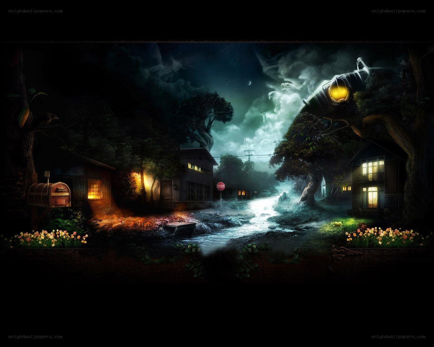 nighttime village with alien ship