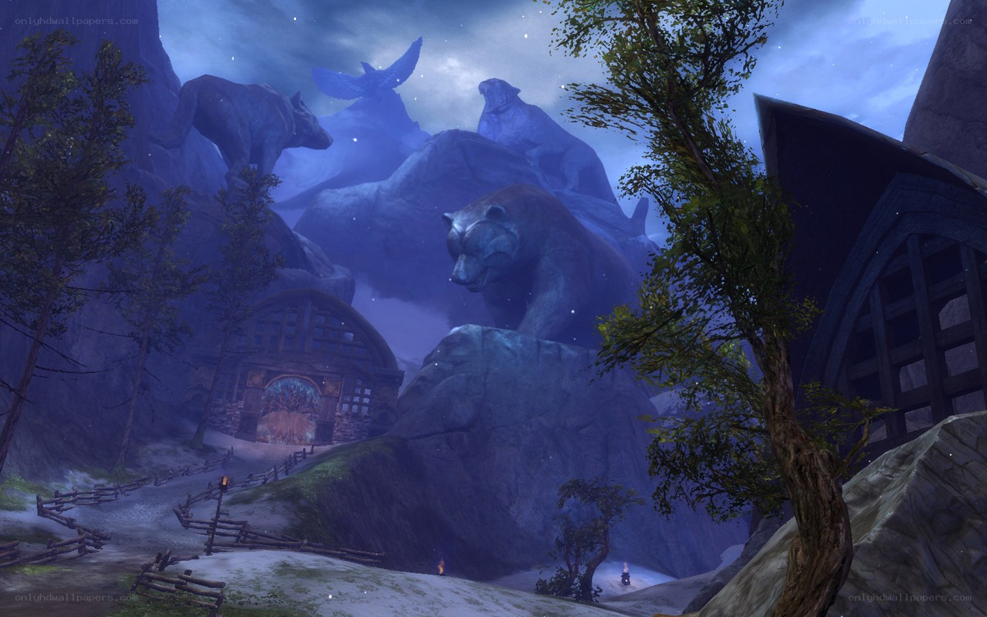 Nighttime village with animal statues