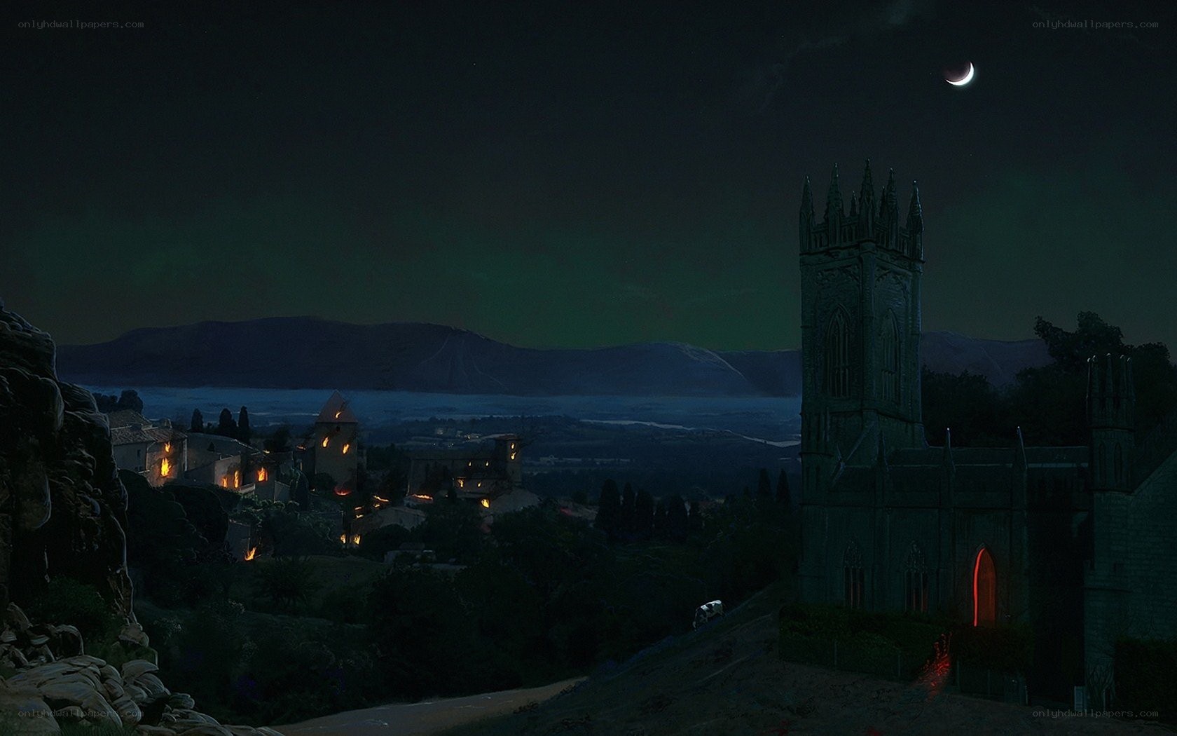 Nighttime village with church
