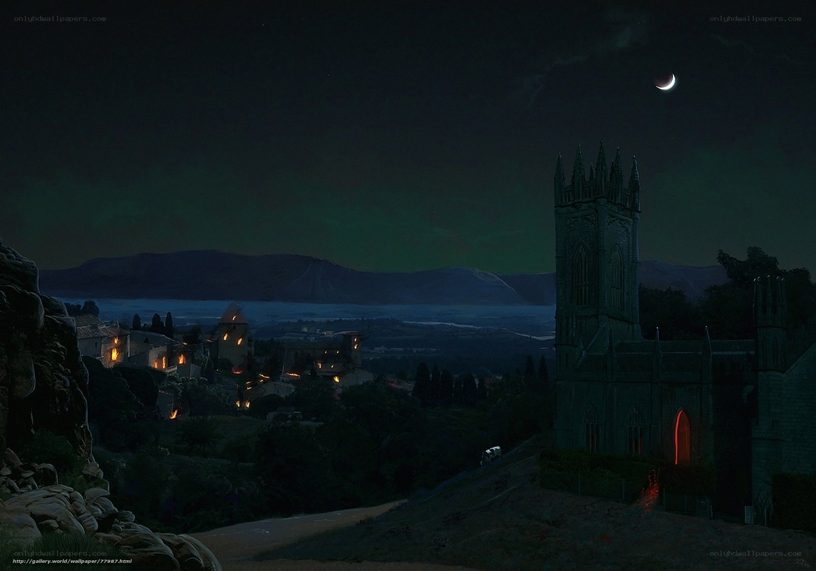 Nighttime village with church