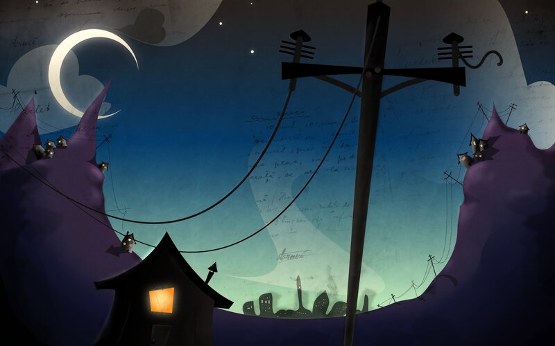 Nighttime village with moon and power lines