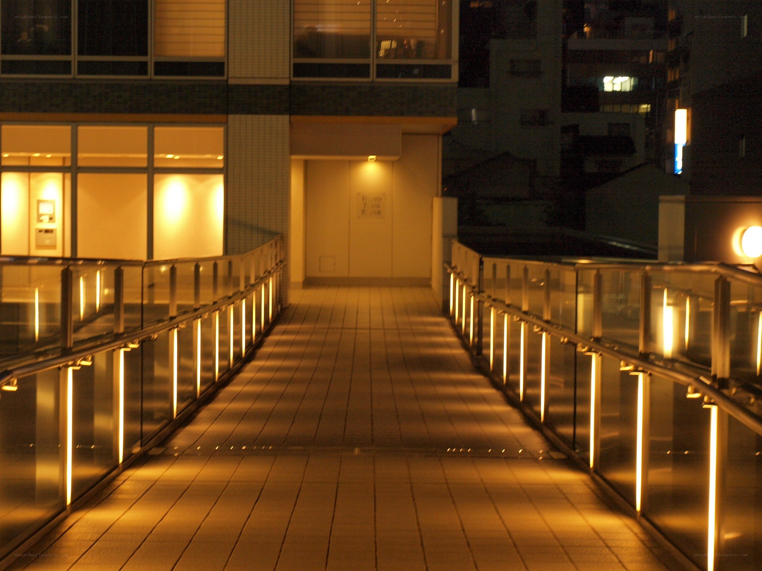 nighttime walkway illuminated by lights