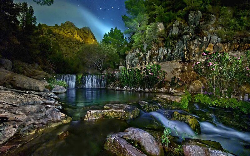 Nighttime Waterfall Scene
