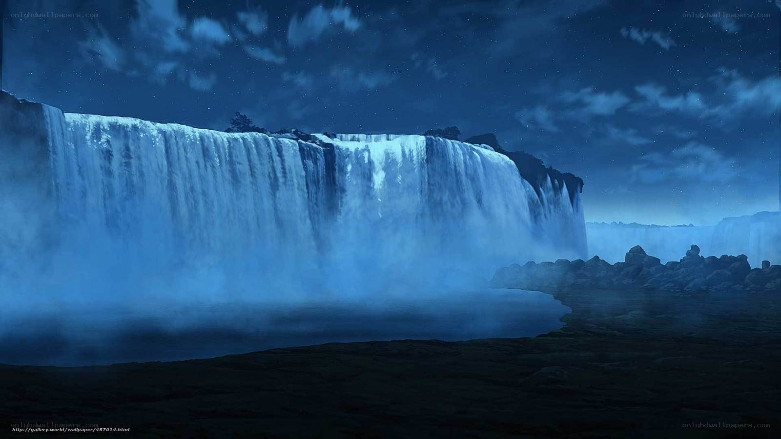 Nighttime waterfall under stars