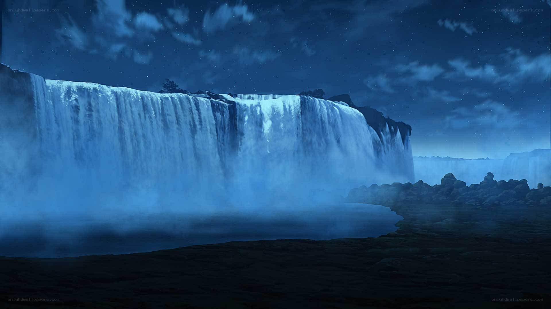 nighttime waterfall under stars