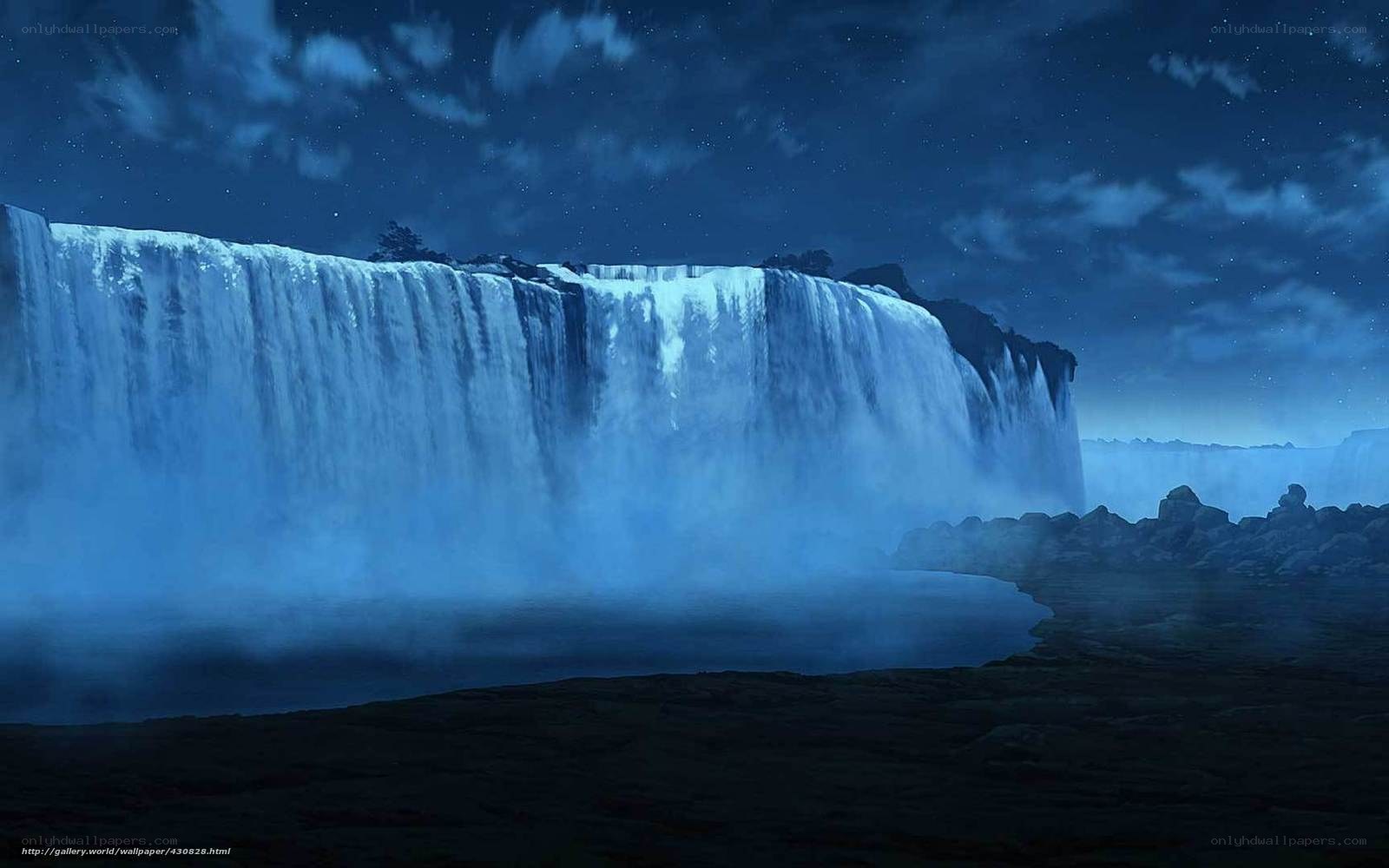Nighttime waterfall under stars