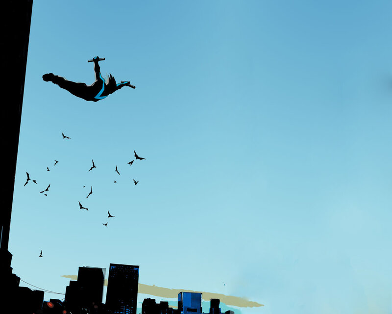 Nightwing flies over city