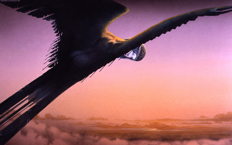 Nightwing flying at sunset