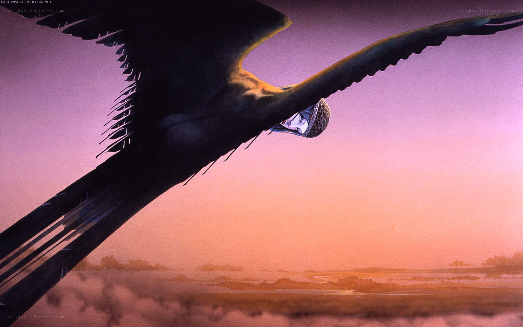 Nightwing flying at sunset