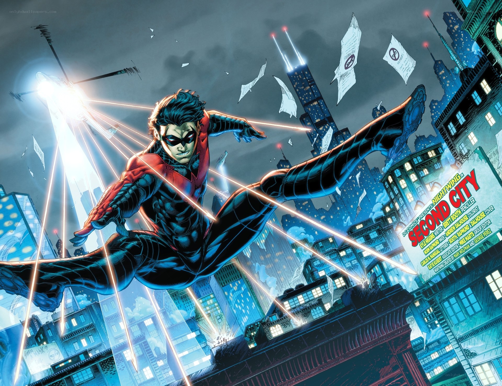 Nightwing in action over a city