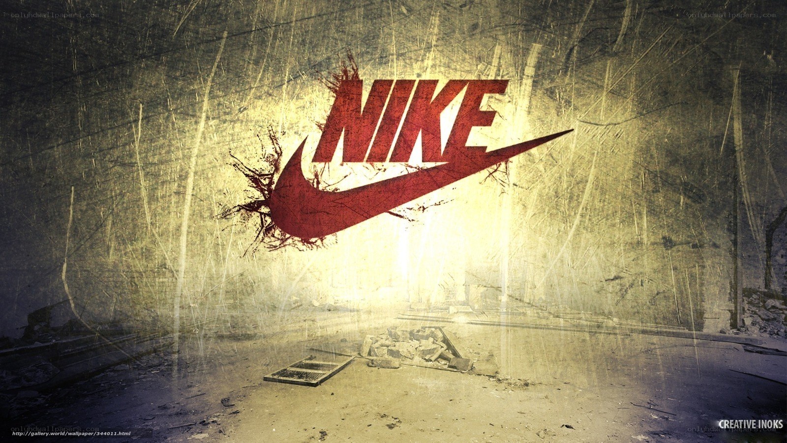Nike logo in a gritty urban scene