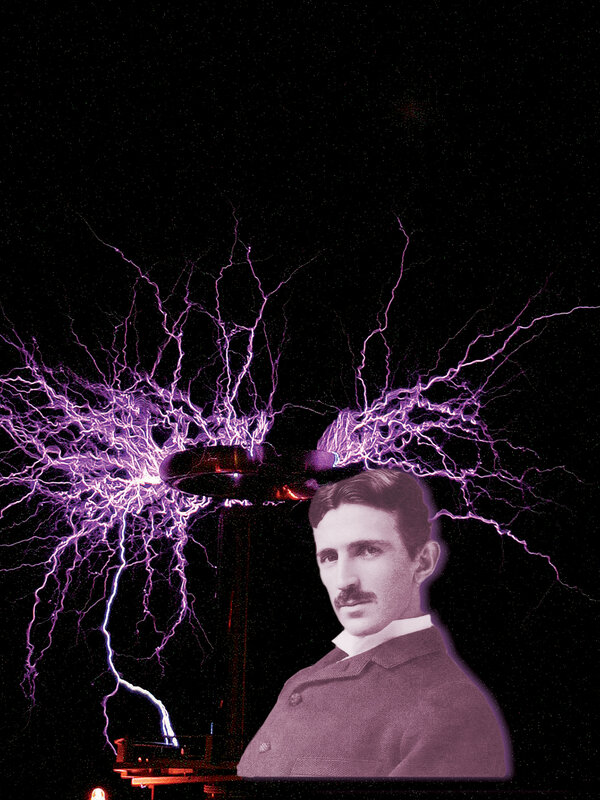 Nikola Tesla with electrical arcs