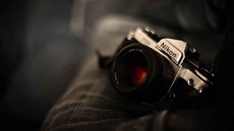 Nikon Film Camera — Black, Dramatic, Photograph