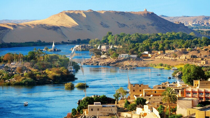 Nile River landscape with sand dunes