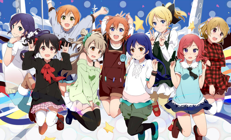 Nine Anime Girls Posing — Blue, Cheerful, Energetic