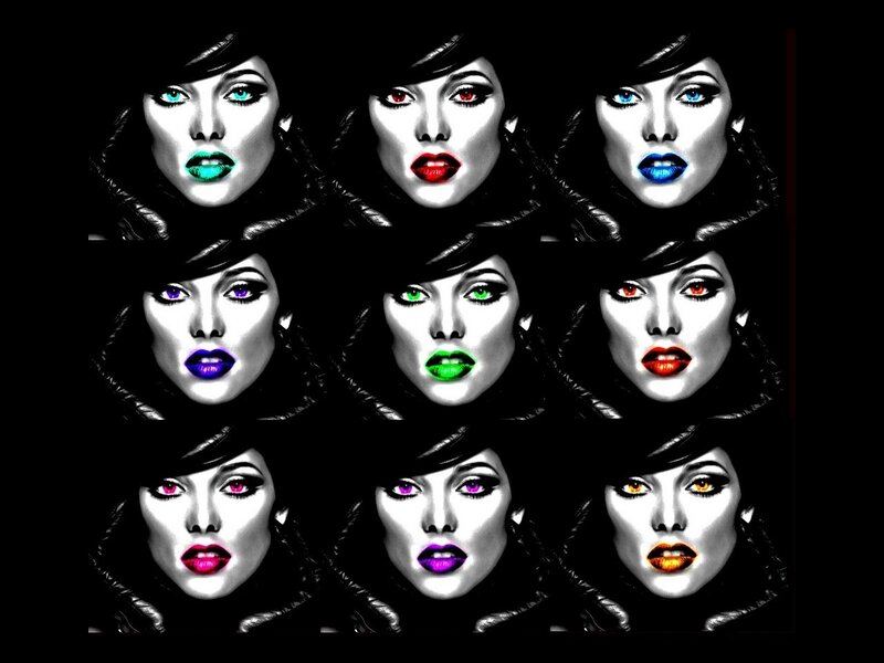 nine faces with colored eyes and lips