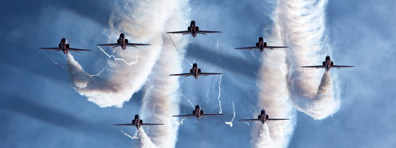 Nine Jets in Formation — Blue, Dramatic, Photograph, Smoke Trails, Aircraft, Sky, White, Black