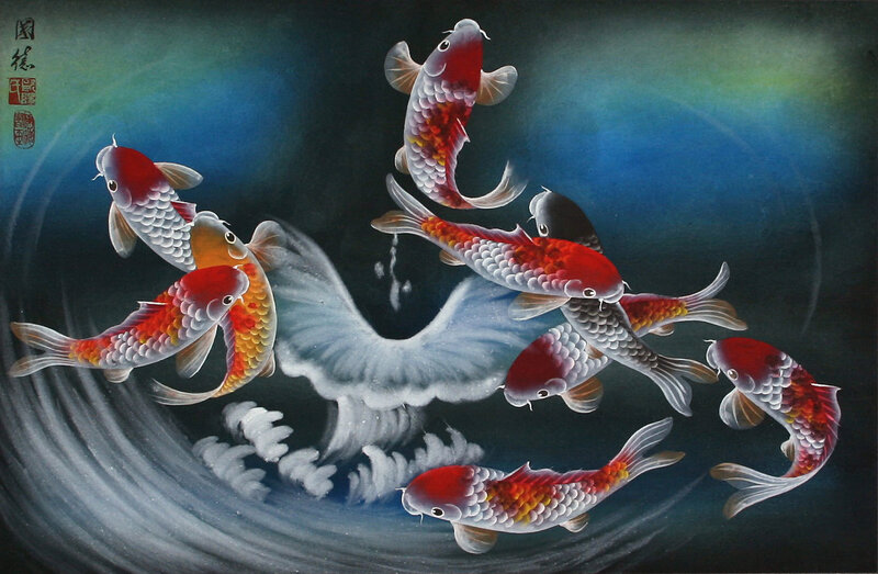 Nine Koi Fish Swimming