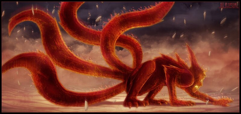 Nine-tailed Fox Demon — Red, Dramatic, Digital Art, Tails