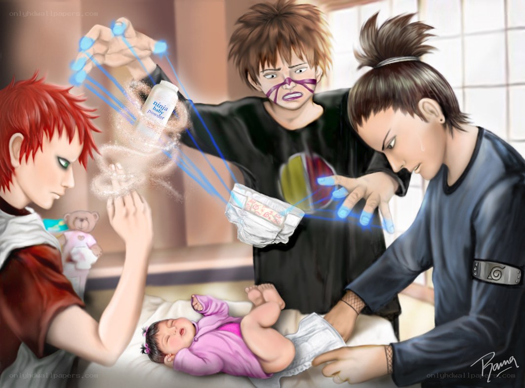 Ninja characters changing a baby