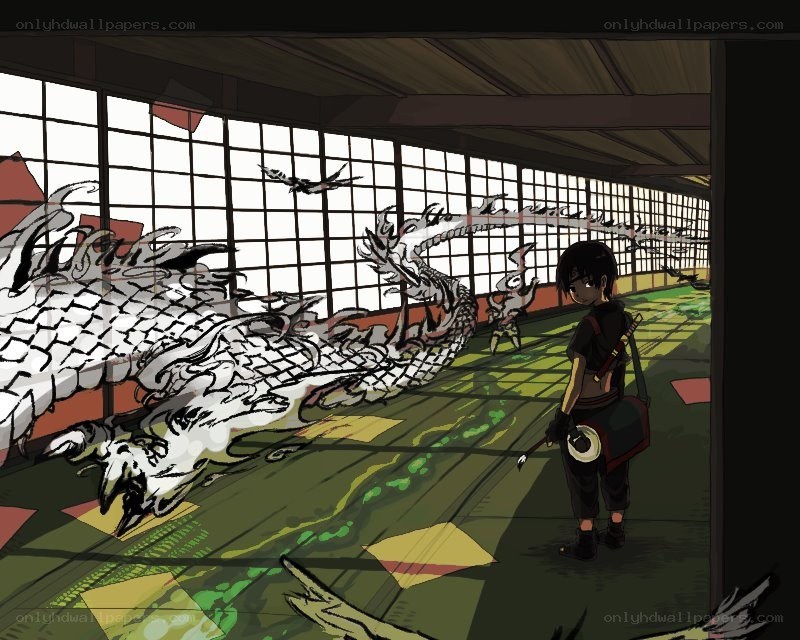 Ninja facing a dragon in a dojo