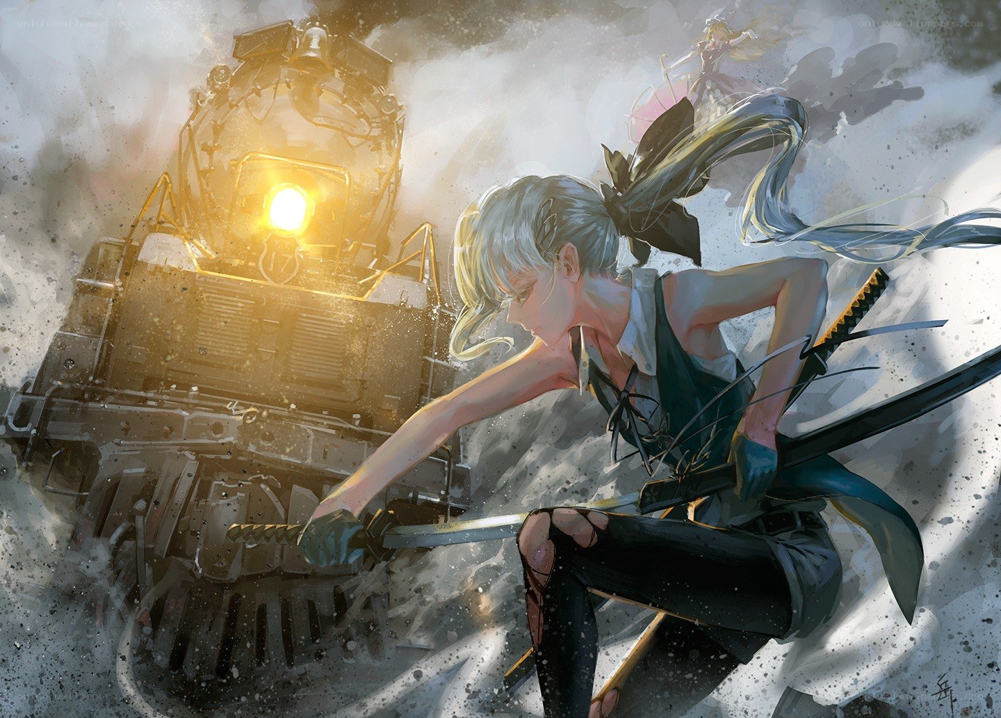 Ninja girl with sword and train