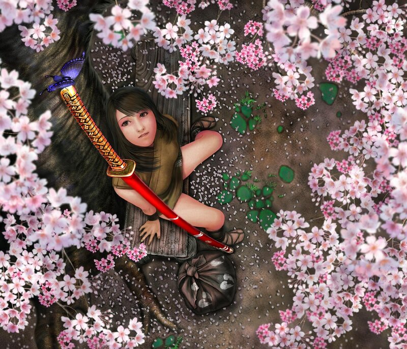 Ninja girl with sword in cherry blossoms