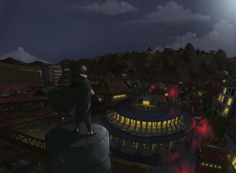 Ninja overlooking a village at night