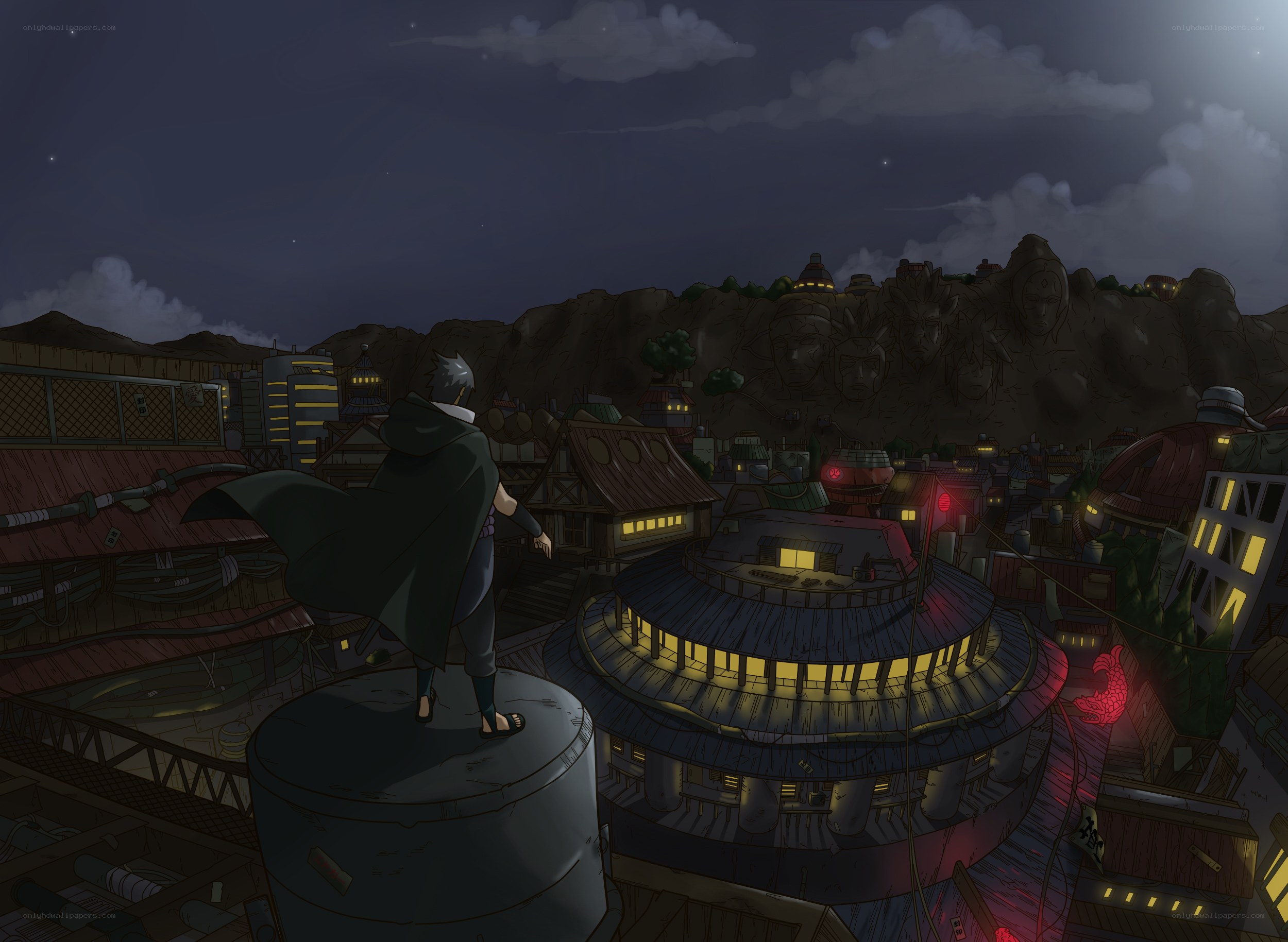 Ninja overlooking a village at night
