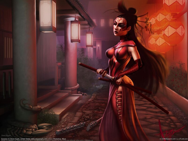 Ninja warrior in a lantern-lit alley