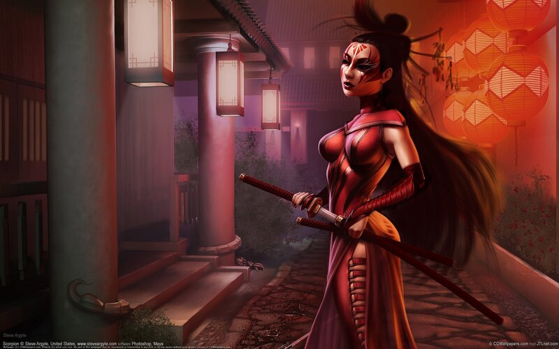 Ninja warrior in lantern-lit alley