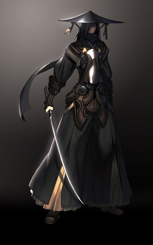 Ninja Warrior with Sword — Black, Dramatic, Digital Art, Hat