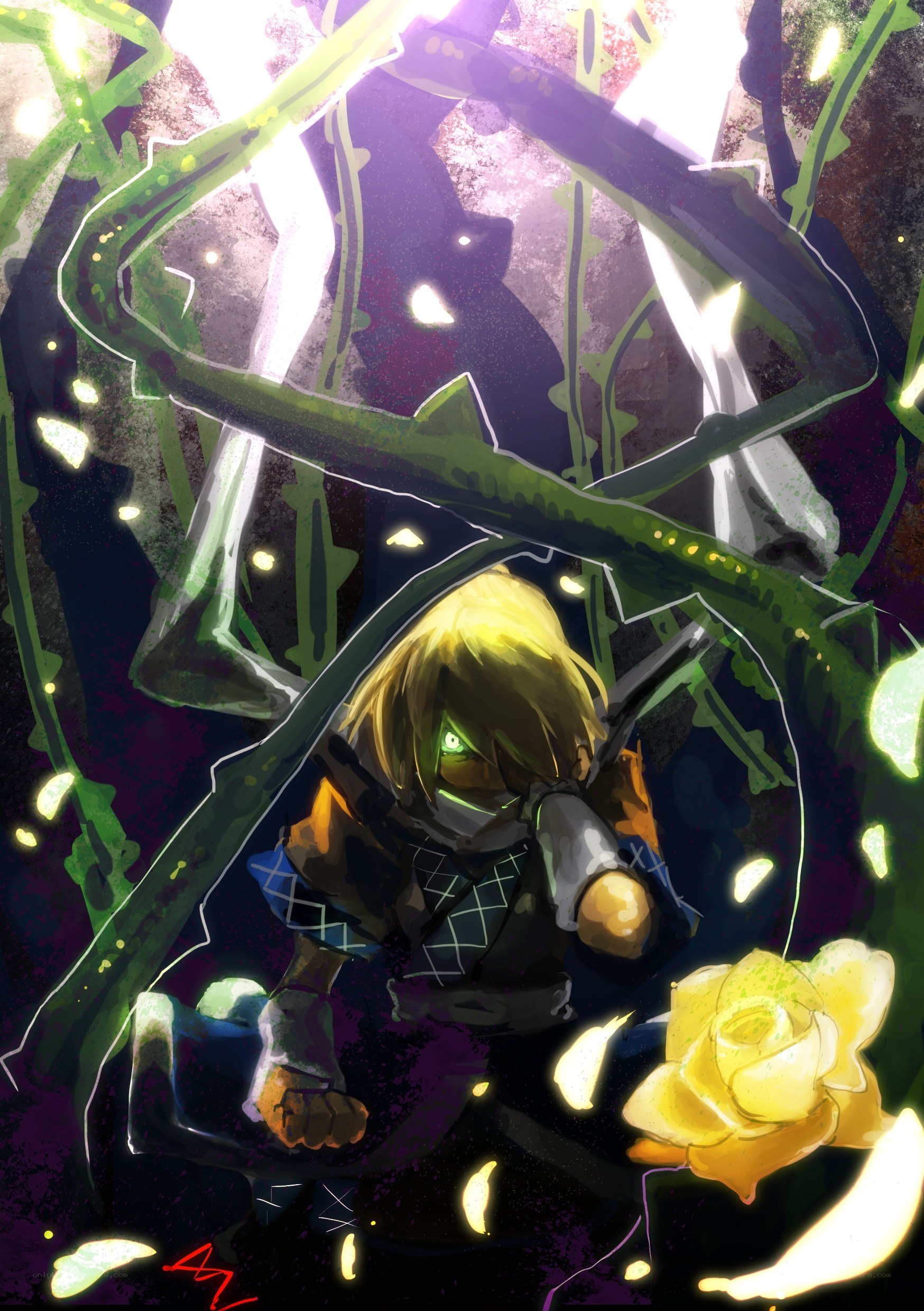 Ninja with glowing eyes and rose