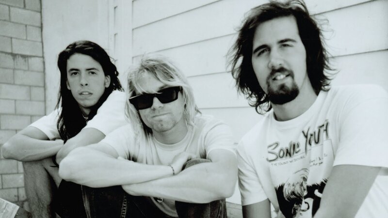 Nirvana band members in black and white