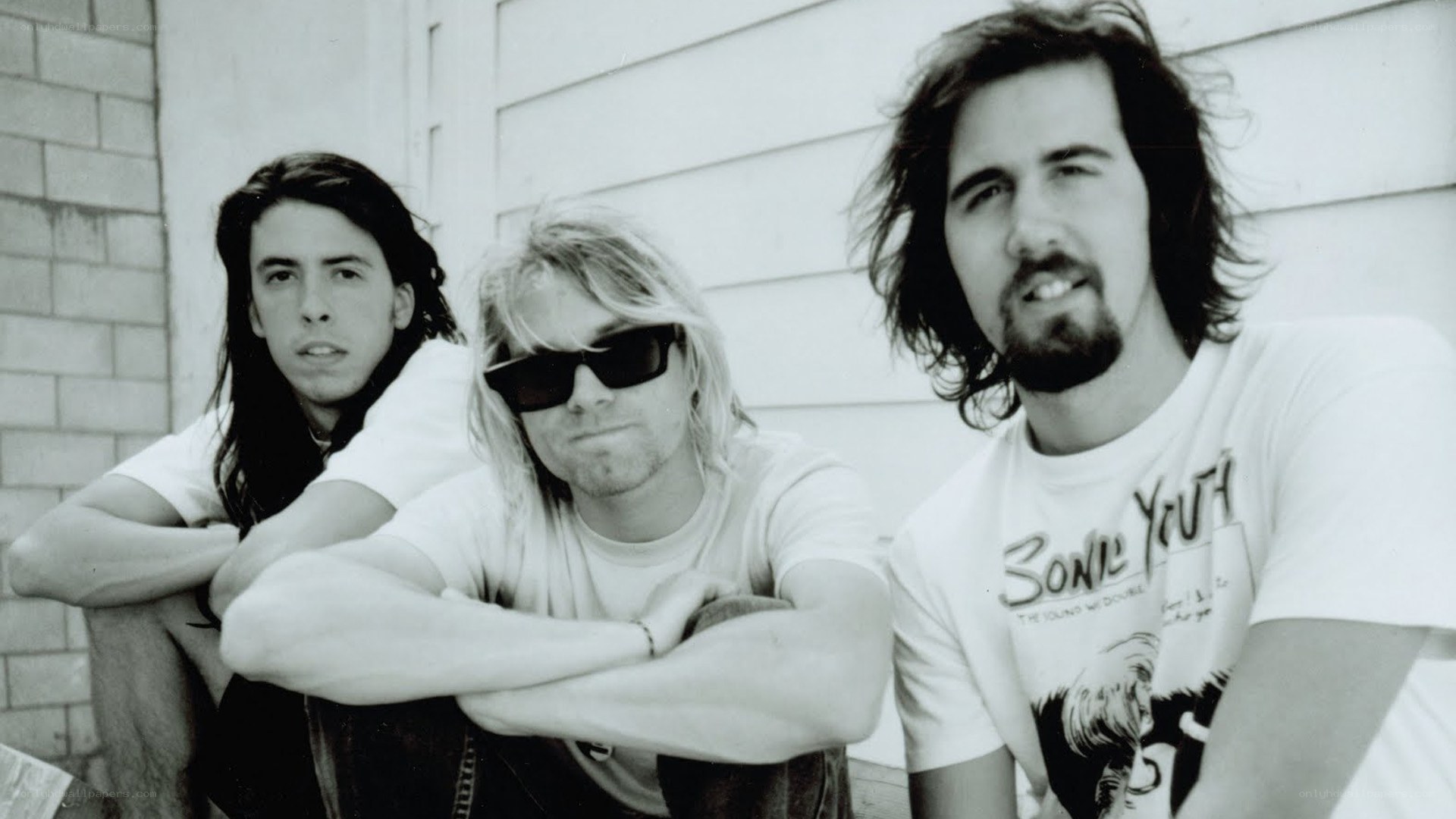 Nirvana band members in black and white