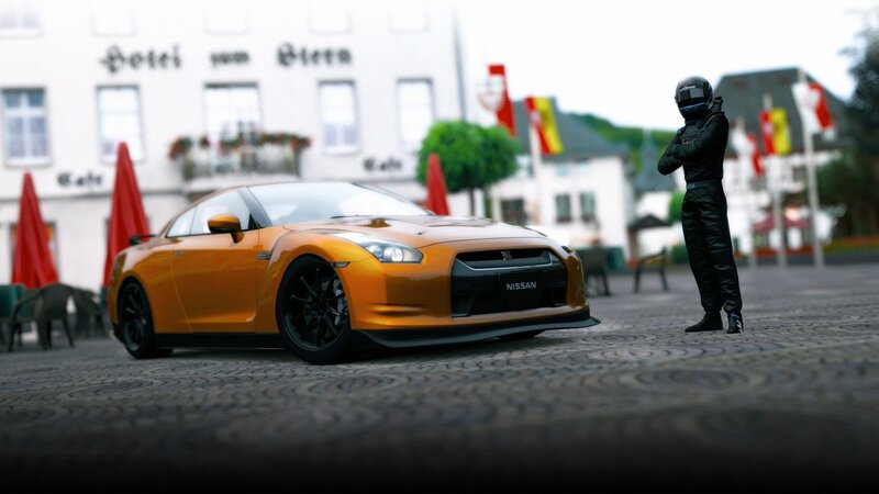 Nissan GT-R and driver on cobblestones