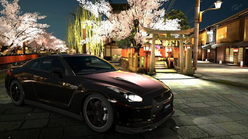 Nissan GT-R at night with cherry blossoms