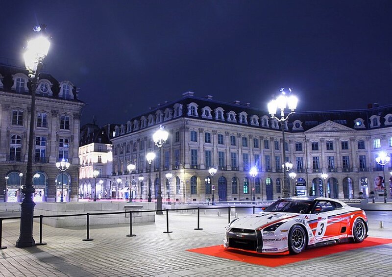 Nissan GT-R on display at night