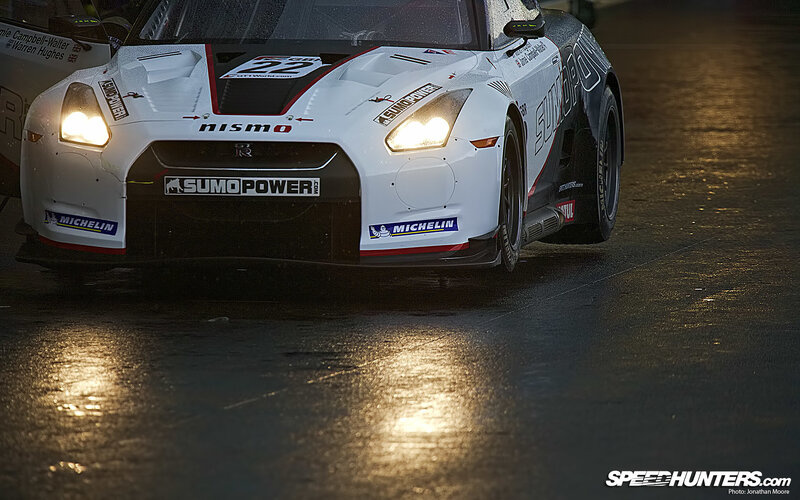 Nissan GT-R race car on wet track
