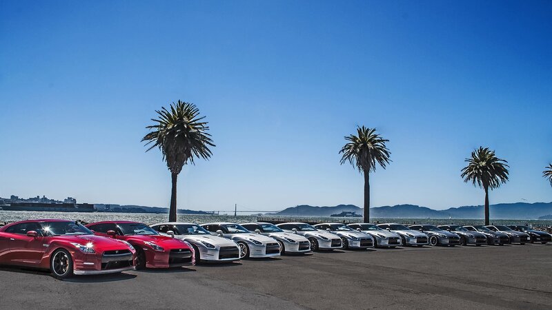 Nissan GT-Rs lined up by the bay