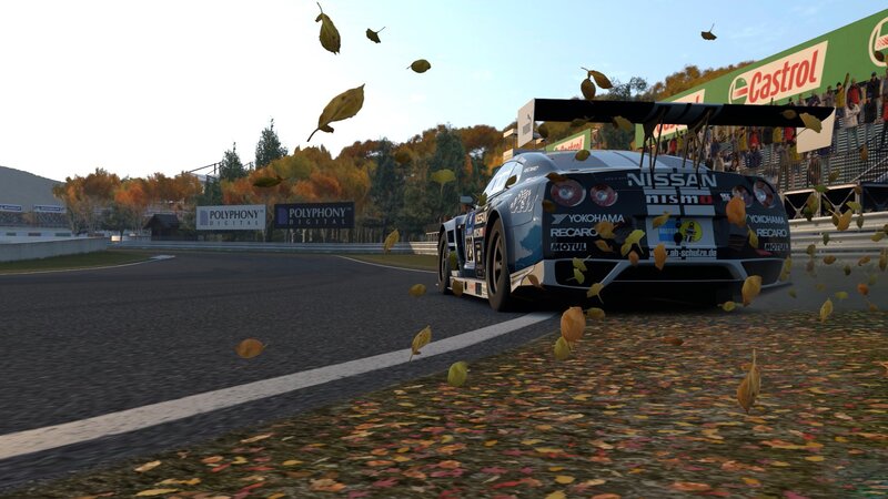 Nissan race car on autumn track