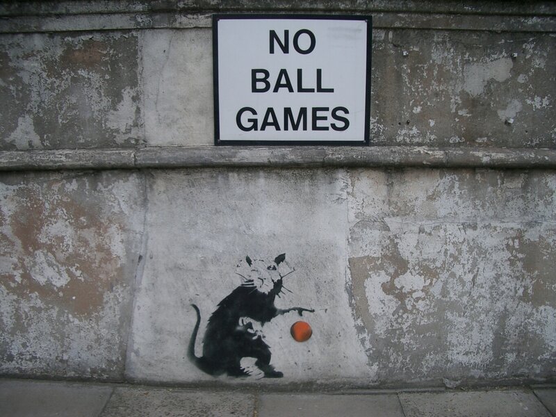 No Ball Games sign with rat graffiti