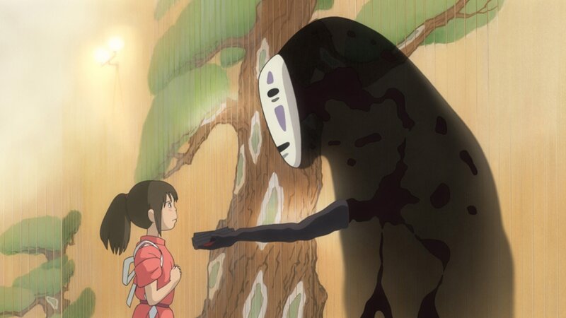 No-Face meets Chihiro in rain