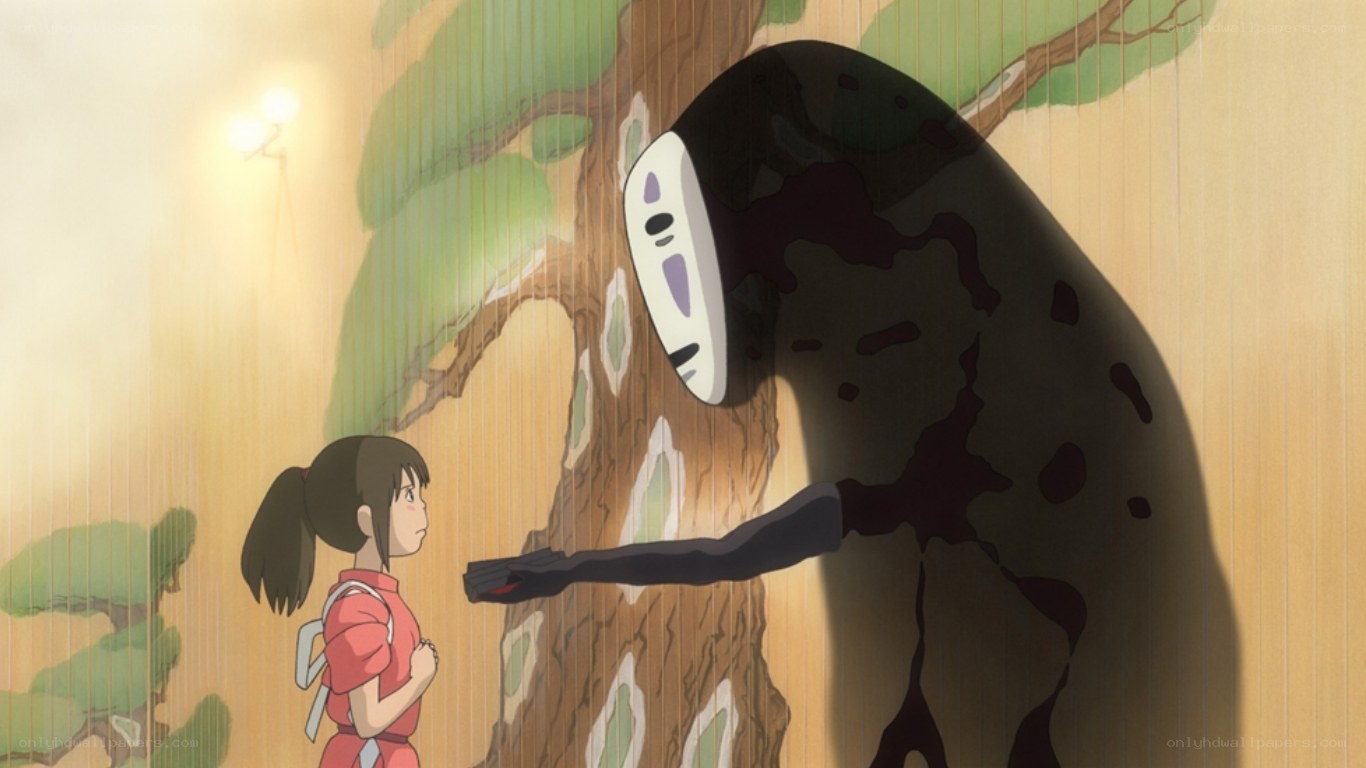 No-Face meets Chihiro in rain