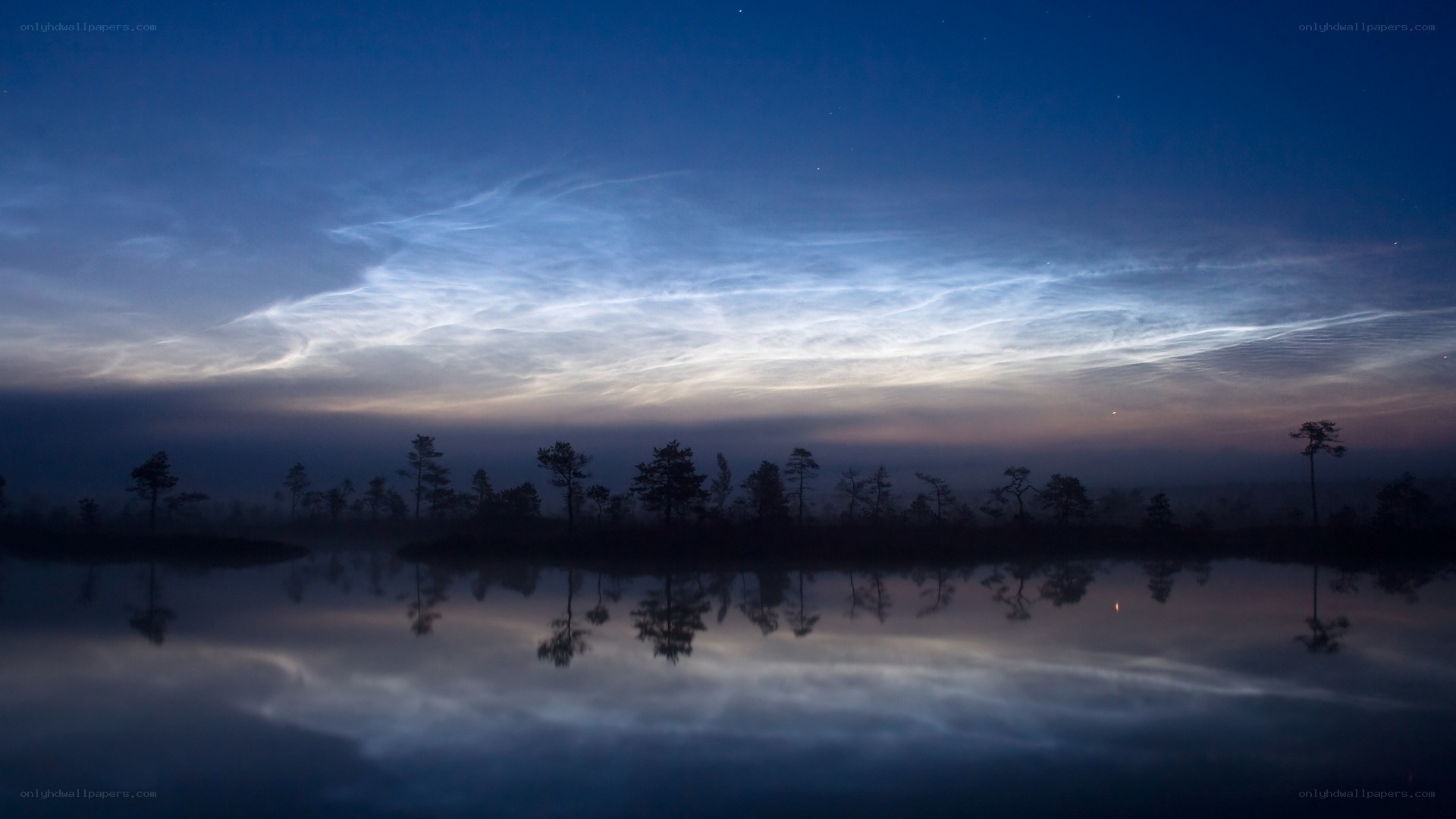 Noctilucent clouds over a lake