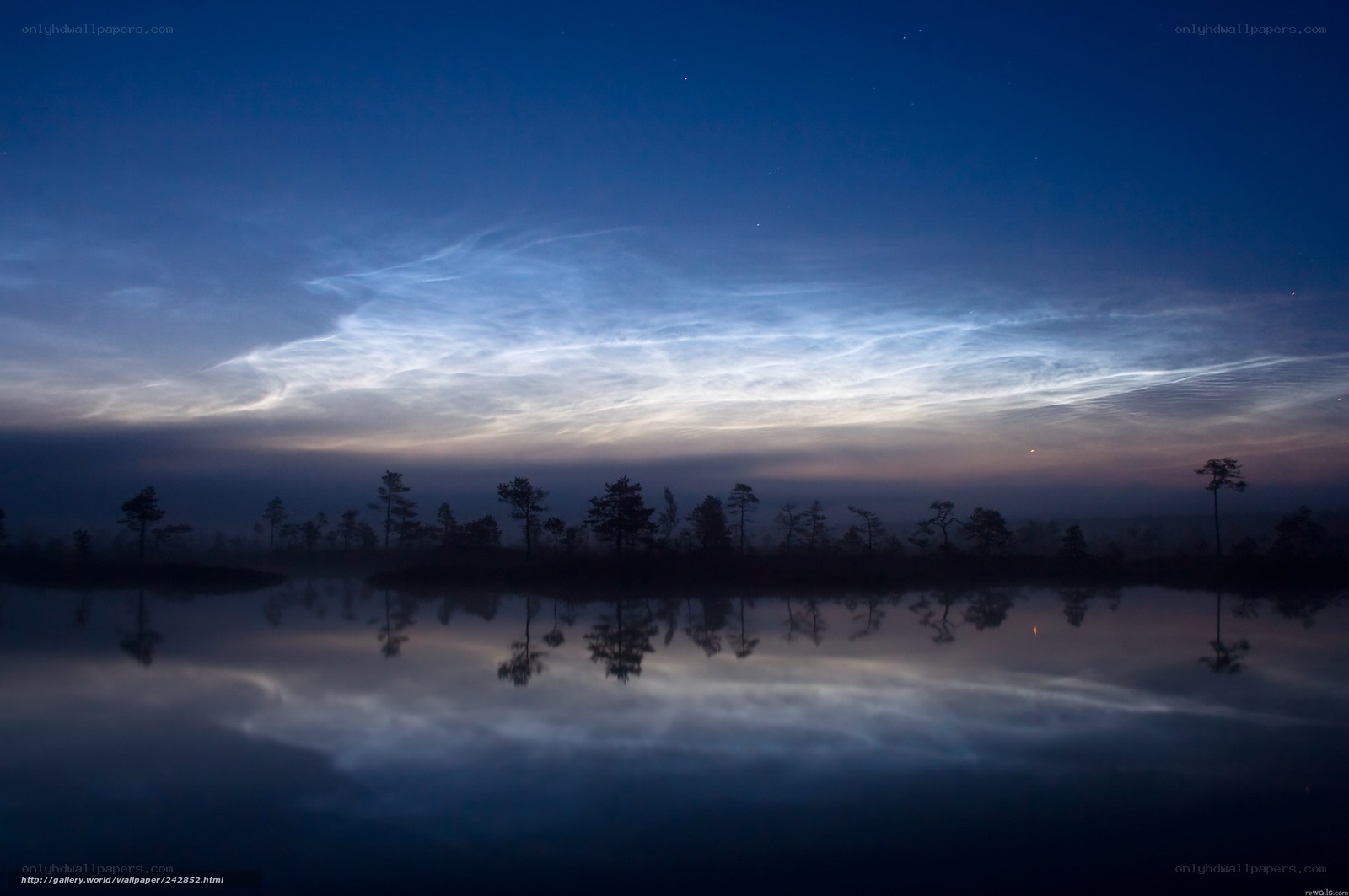 Noctilucent clouds over a lake