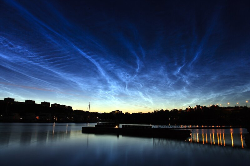 Noctilucent Clouds over Lake — Blue, Serene, Night, Photograph