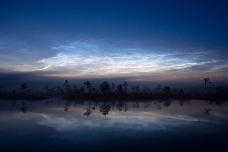 Noctilucent Clouds over Lake — Blue, Serene, Night