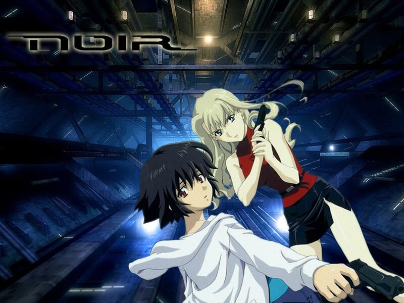 Noir anime scene with two characters