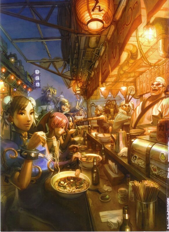 Noodle shop scene with characters